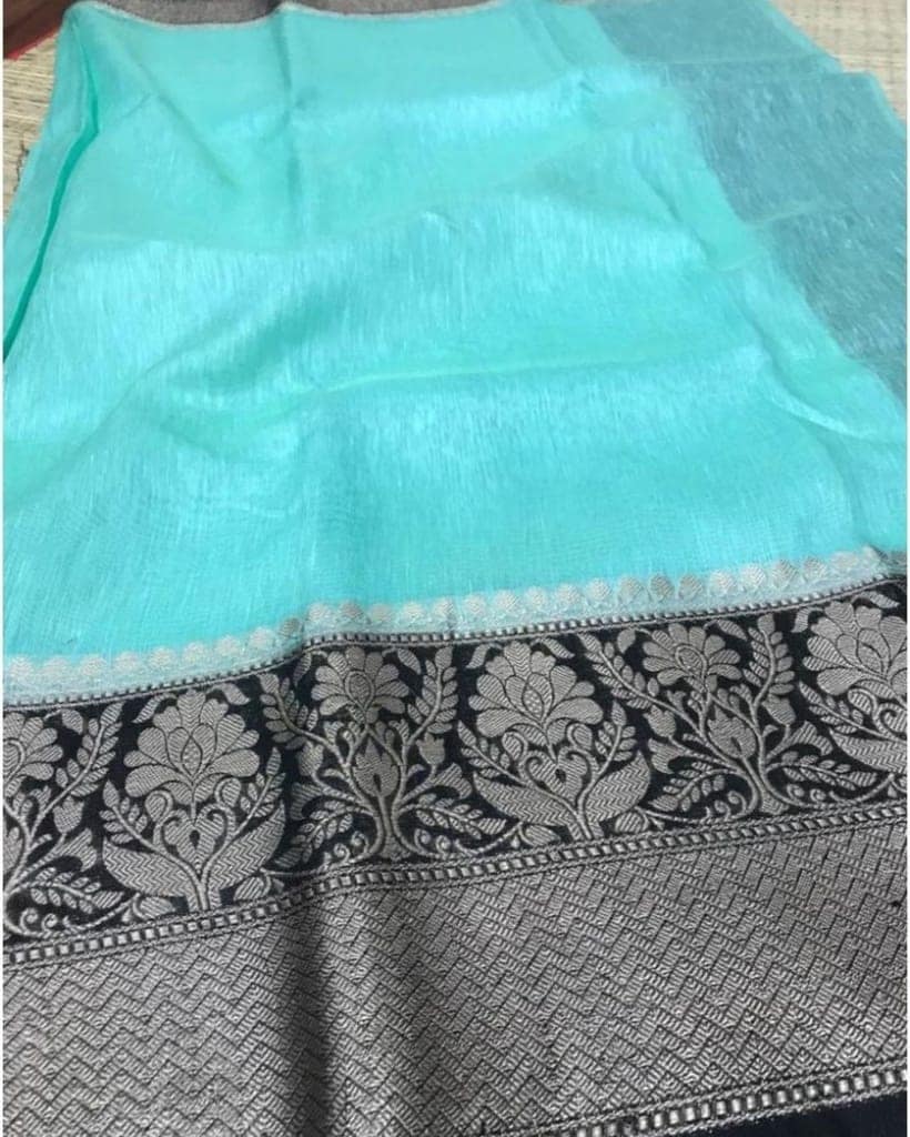 Silk Linen Banrasi Brocade Weaving Handloom Blue Saree with Blouse-5084 view 2