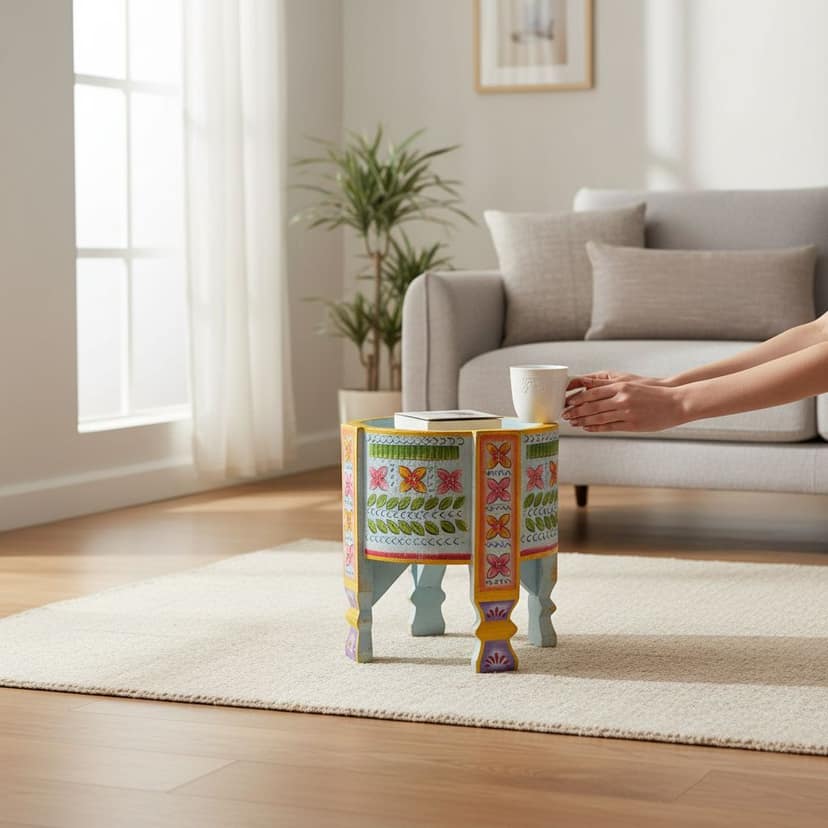 Wooden Painted Table | Handicraft Carved Chakki Table