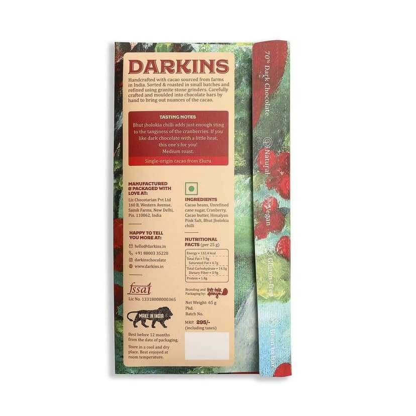 Darkins Dark Chocolates | 70% Dark Chocolate With Cranberry & Chilli | 80% Dark Chocolate Single Origin | Vegan | Natural | Bean To Bar | Cacao Beans | Unrefined Cane Sugar | Pack Of 2 view 3