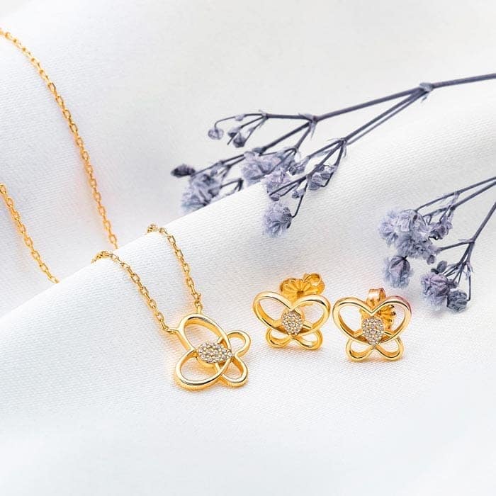 18k Gold Plated Silver Delicate Butterfly Necklace Set view 3