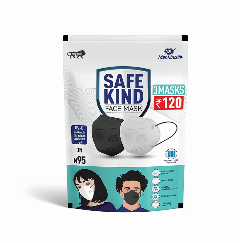 Mankind SafeKind N95 Face Masks with 5 Layer Protection (2 Black + 1 White) view 2