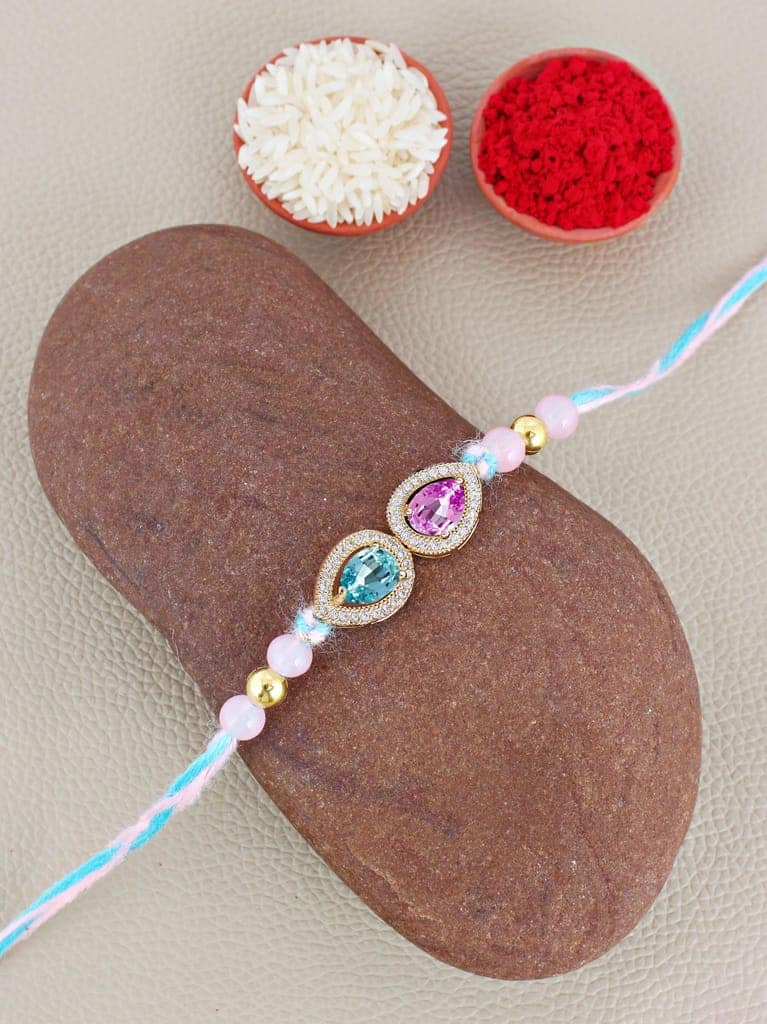 Lucky Jewellery Designer Pink & Turquoise Color Stone Rakhi - Rakshabandhan Pearl Rakhee Bracelet for Brother/Bhaiya/Bhai/Bhabhi - Pack of 1 (176-CHR1-1279-PKF-1) view 2