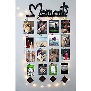 Khush Its Amazing Wood Moments With Squre Heart Hanging Up Down LED Light Hanging Photo Display, DIY Picture Photo Frame Collage Set Includes Multi colour Clips