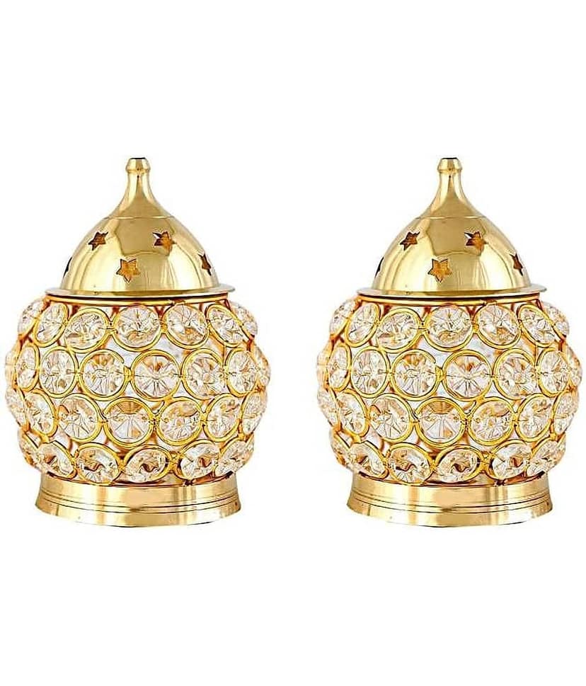 Fashion Bizz Brass Akhand Diya | Diamond Crystal Deepak/Diya Table Diya - Set of 2