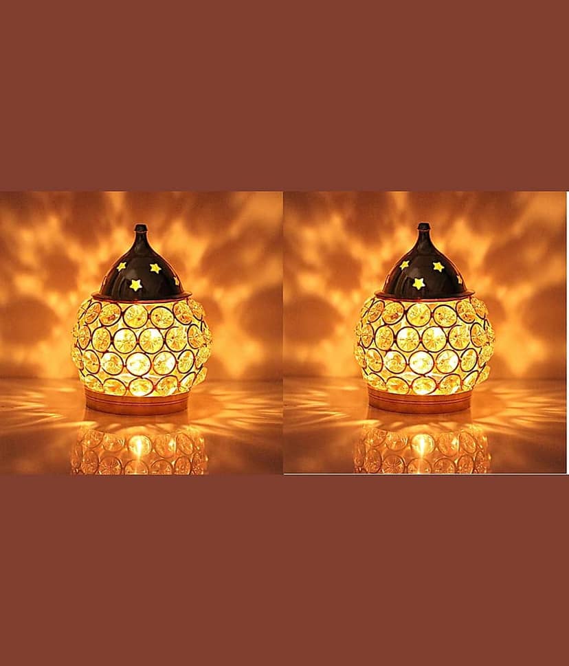 Fashion Bizz Brass Akhand Diya | Diamond Crystal Deepak/Diya Table Diya - Set of 2 view 2