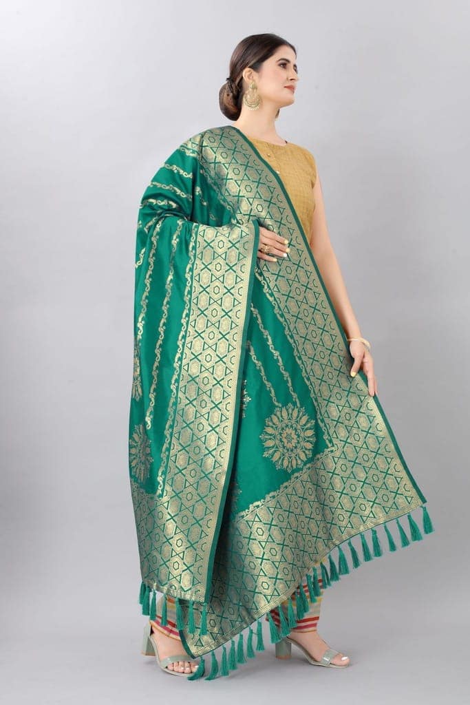 Women Rama &amp; Gold Toned Jacquared Banarasi Dupatta view 2