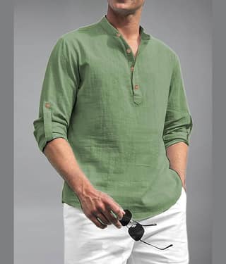 BHUVIKOO Cotton Blend Plain Shirt Style Kurta For Men ( Light Green )