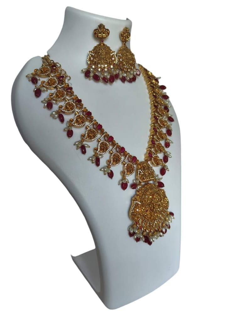 oxidized gold plated temple jewellery haram set with rubies and pearls view 2