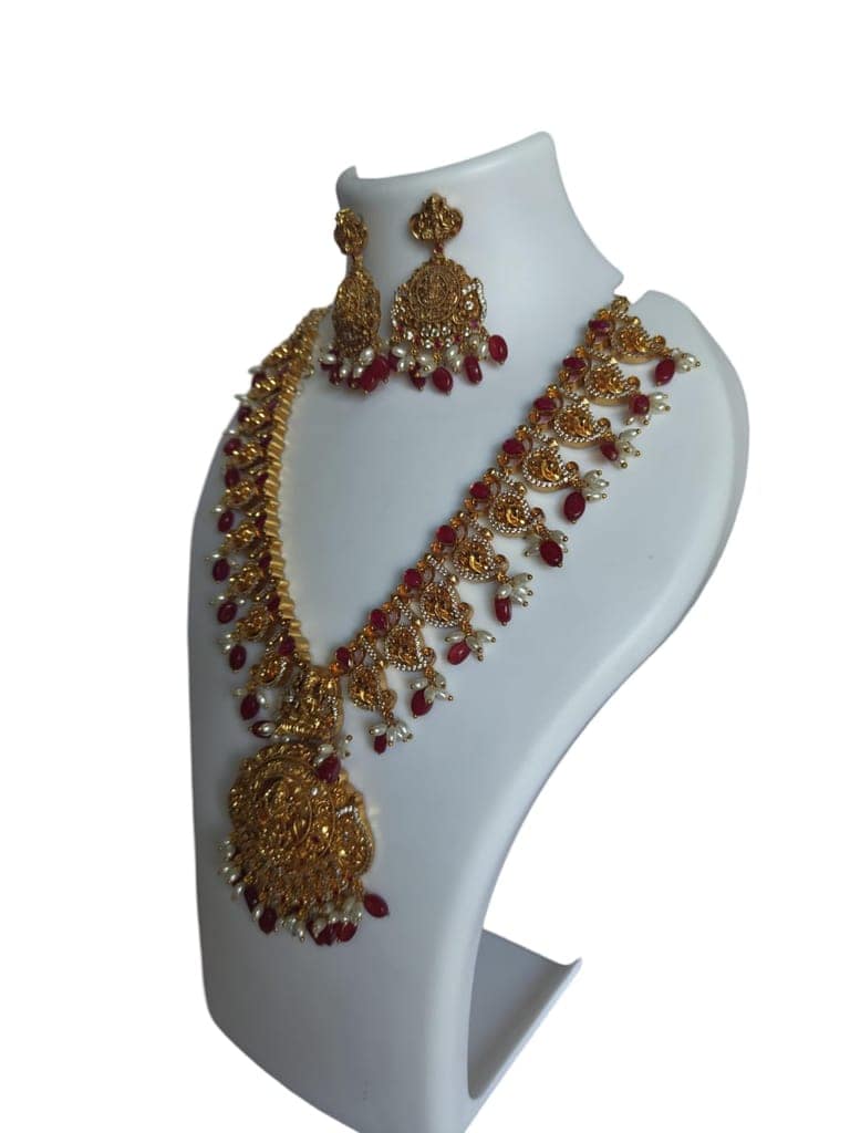oxidized gold plated temple jewellery haram set with rubies and pearls view 3