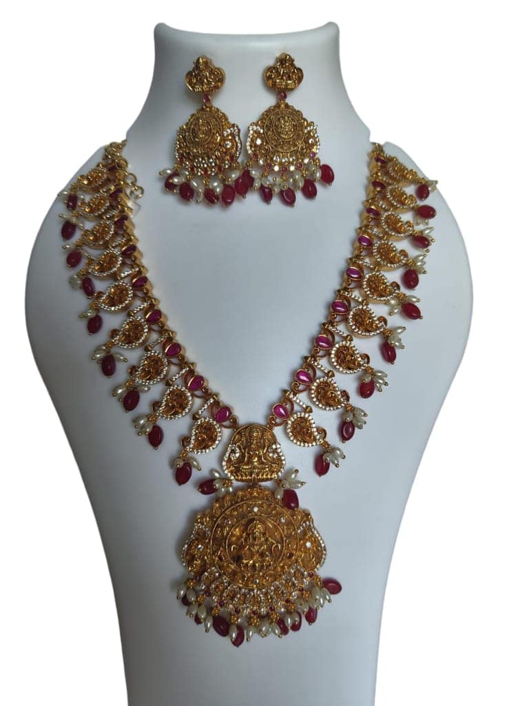 oxidized gold plated temple jewellery haram set with rubies and pearls view 4