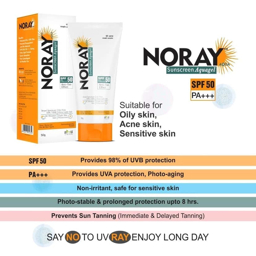 Noray Aquagel Broad Spectrum Sunscreen, SPF-50, PA+++ with Anti Tan Effect - 50g. view 3