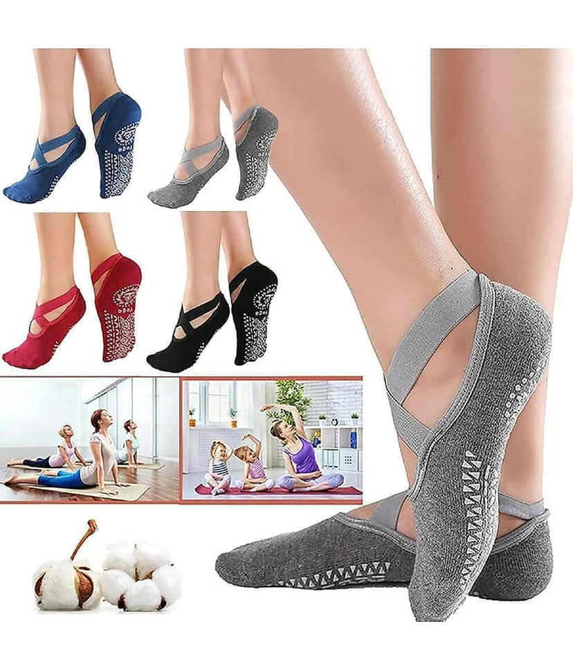 Non-Slip Yoga Socks with Elastic Straps & Silicone Grips | Anti-Skid Pilates, Barre, Ballet Socks | Breathable Combed Cotton for Sweat Absorption | Workout Grip Socks for Women & Teens
