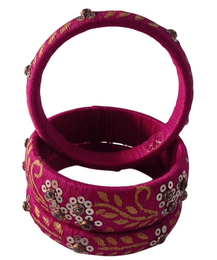 Exquisite Pink Silk Thread Bangles with Golden Zari Embroidery and Sequin Work for Women view 2