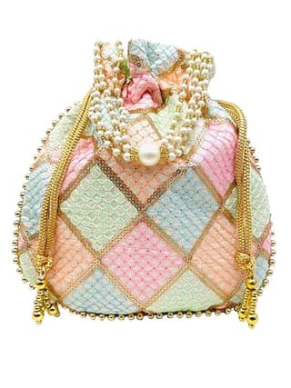 Potli Bag with Pearl and Sequin Embroidered Floral Design