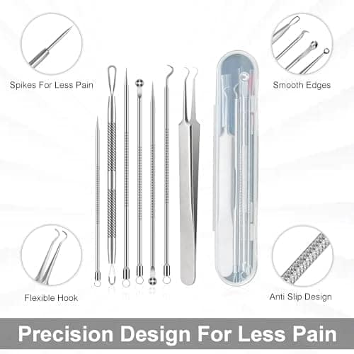 GLUN® Blackhead Remover & Acne Tool Kit, 7 Tool Kit, Clip Facial Comedone Needle Set, Stainless Steel Facial Pimple Tweezer, Blemish Extractor, Pore Cleanser Skin Treatment Kit view 3