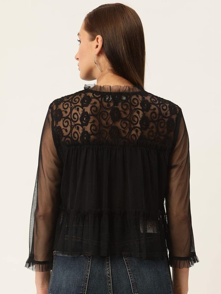 Black Floral Embroidered Sheer Net Top view 4