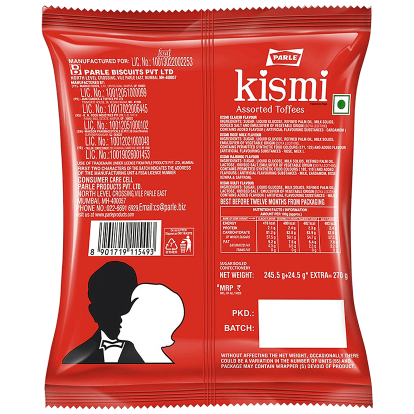 Parle Kismi Toffee - Assorted With Elaichi, Rosemilk, Kulfi & Rajbhog, 245.5 G (Get 24.5 G Extra) view 2
