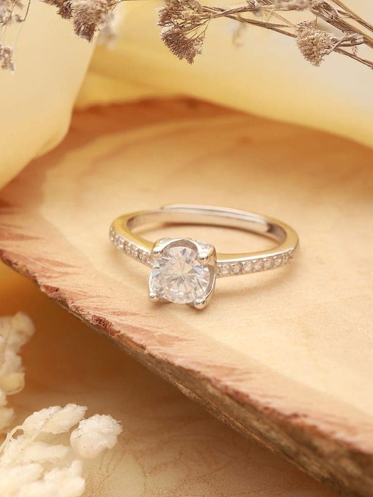 925 Sterling Silver Rhodiu Plated Zircon Studded Solitaire Engagement Adustable Finger Rings view 9