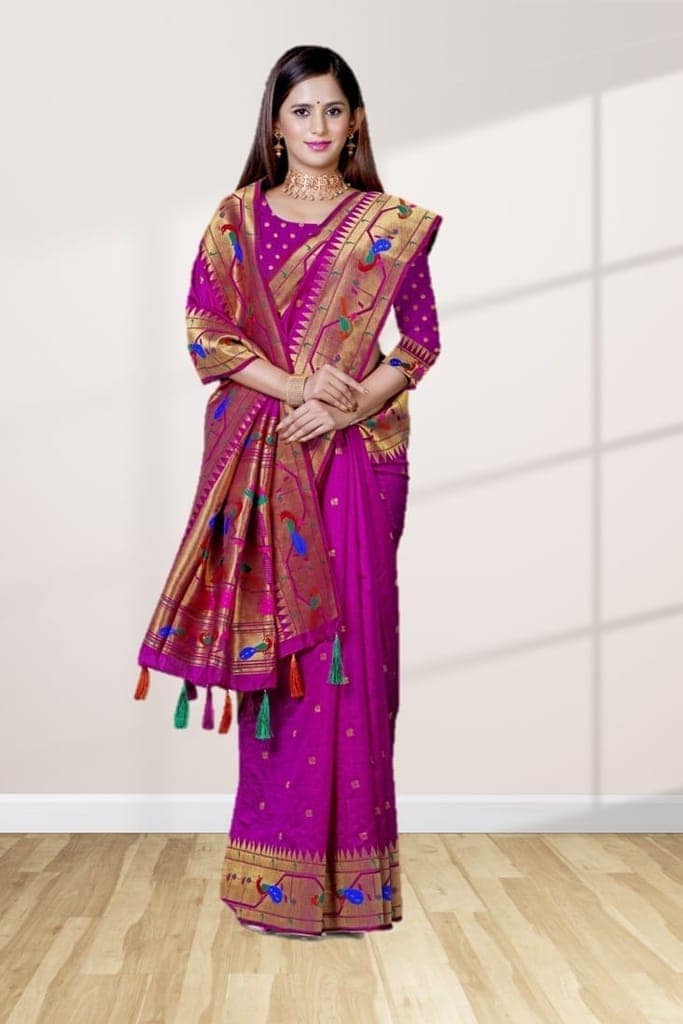 Semi Silk Paithani Saree Wine view 3