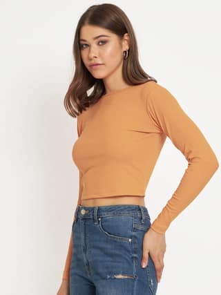 Women Light Orange cropped Full Sleeve T shirts
