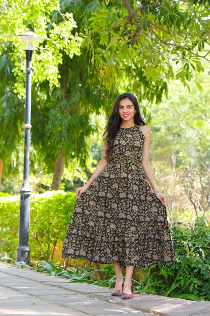 Pure Cotton Halter Neck Midi Dark Brown Dress Hand Block Printed (Size: 38-46)-7672