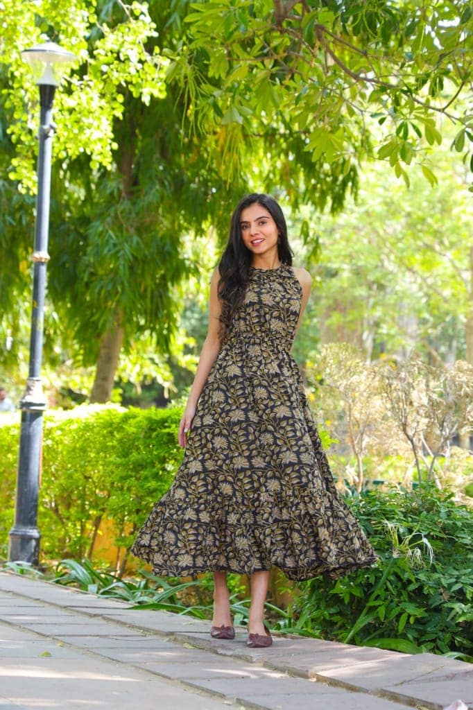 Pure Cotton Halter Neck Midi Dark Brown Dress Hand Block Printed (Size: 38-46)-7672 view 2