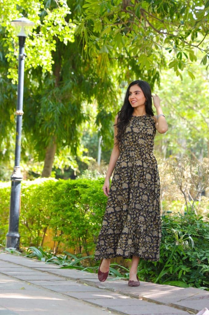 Pure Cotton Halter Neck Midi Dark Brown Dress Hand Block Printed (Size: 38-46)-7672 view 3