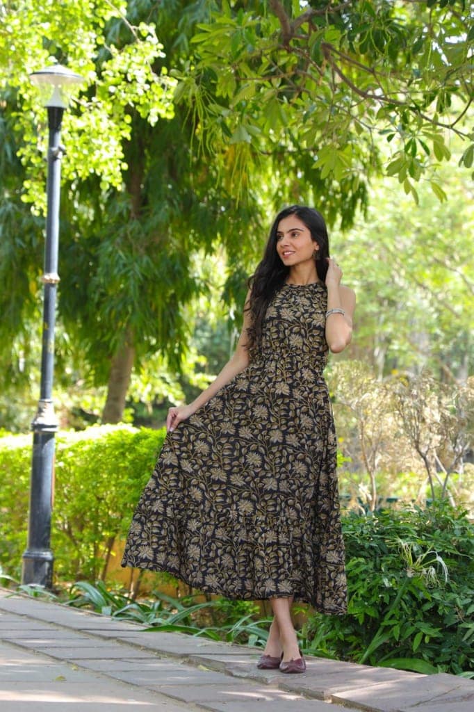Pure Cotton Halter Neck Midi Dark Brown Dress Hand Block Printed (Size: 38-46)-7672 view 4