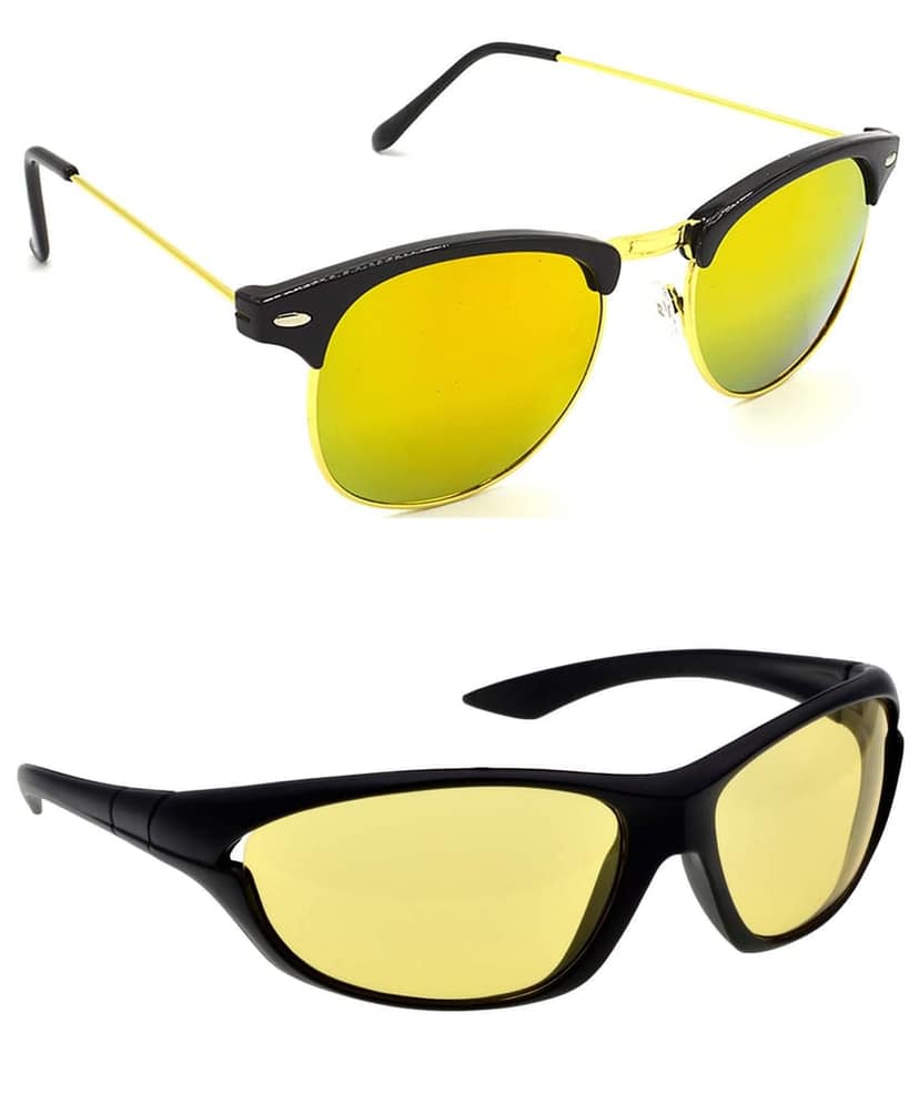 Hrinkar Unisex Rectangle Sunglasses Golden & Black Frame, Golden & Yellow Lens (Medium) - Pack of 2