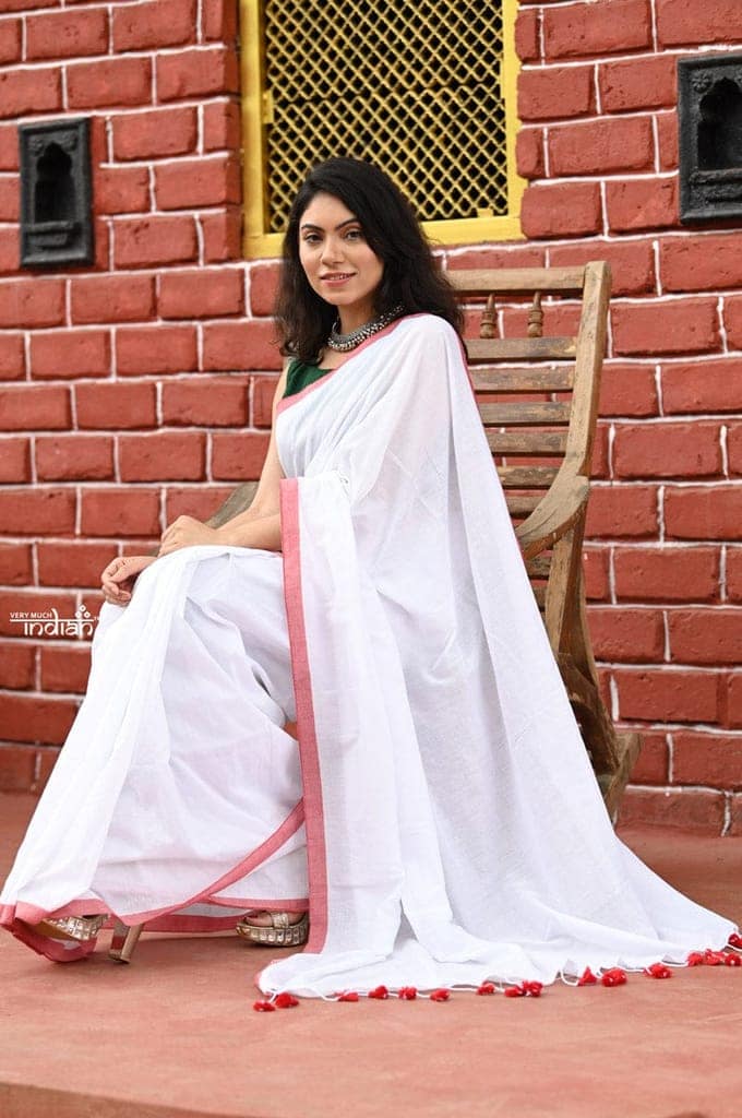 Saadgi ~Pure Cotton Handloom Sarees with Intricate Borders ~ White view 4