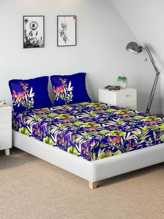 DDECOR - Esteem Collection 100% Cotton Floral Pattern 210TC Super King Bedcover |274 CM X 274 CM| with 2 pillow Covers - Blue