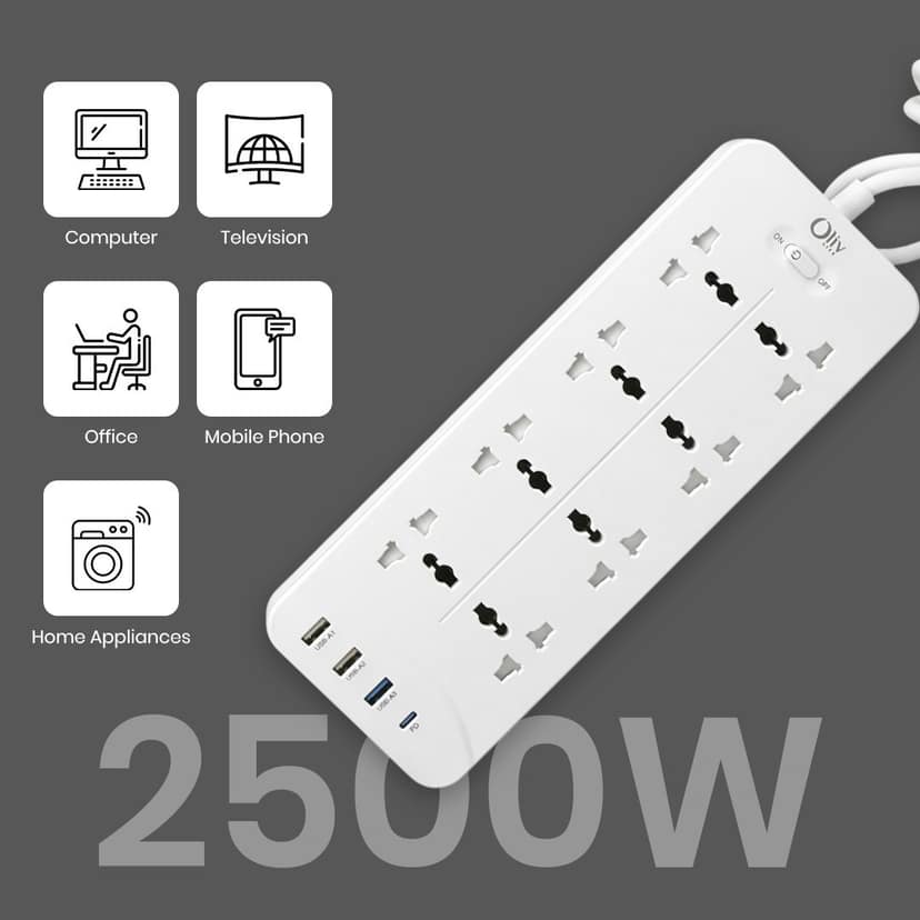 OlivLife OmniHub 12-in-1 Extension Board with USB & Type-C – 8 Sockets, 3 USB Ports + 1 PD Port, 2500W, Overload Protection, Child Safety Shutters, Wall Mountable - White view 2