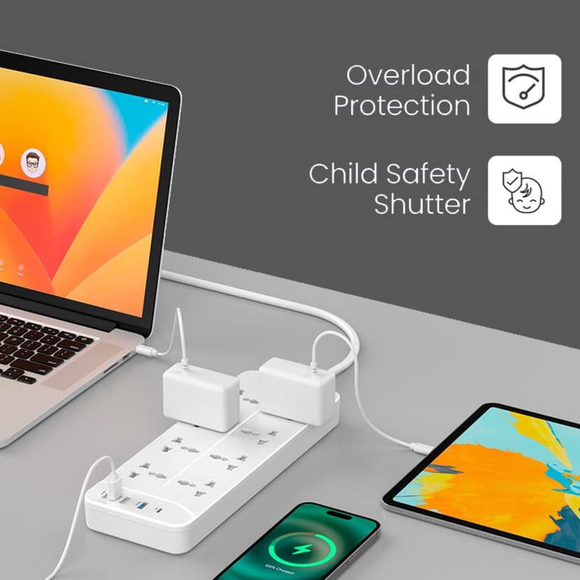 OlivLife OmniHub 12-in-1 Extension Board with USB & Type-C – 8 Sockets, 3 USB Ports + 1 PD Port, 2500W, Overload Protection, Child Safety Shutters, Wall Mountable - White view 3