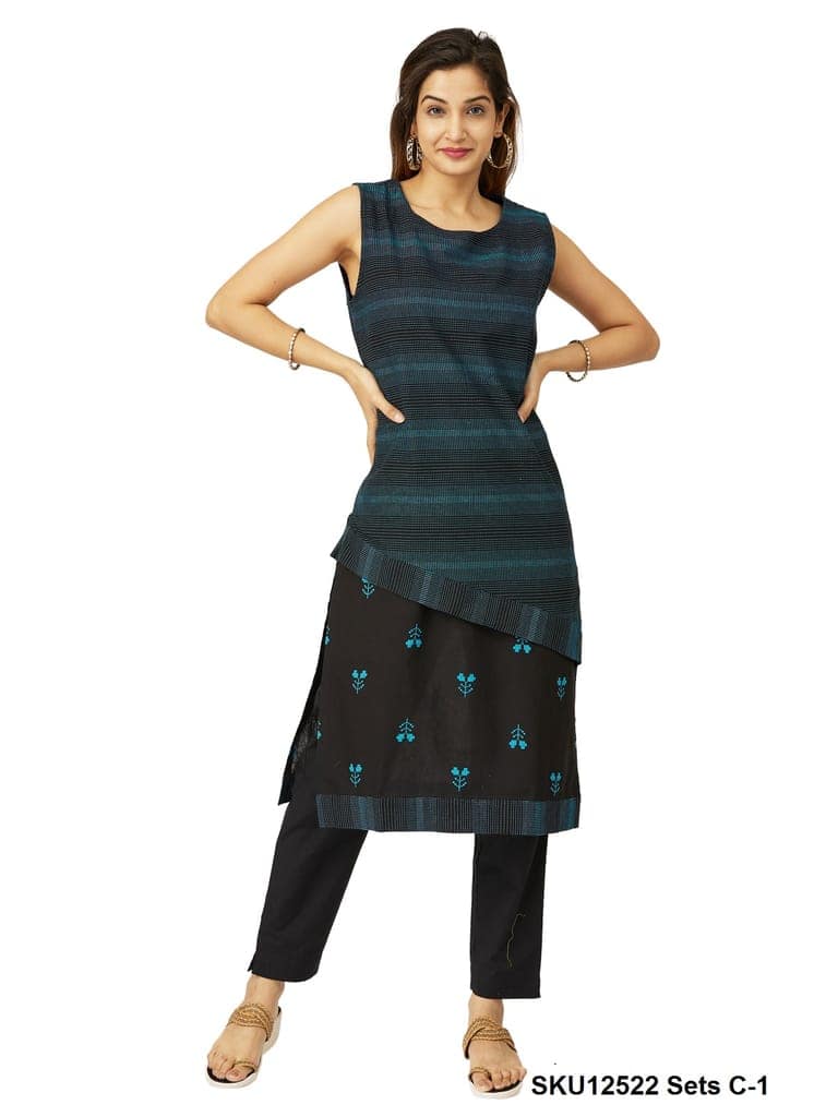 Women's Sleeveless Black & Teal Layered Cotton Kurti with Embroidered Design and Palazzo Set