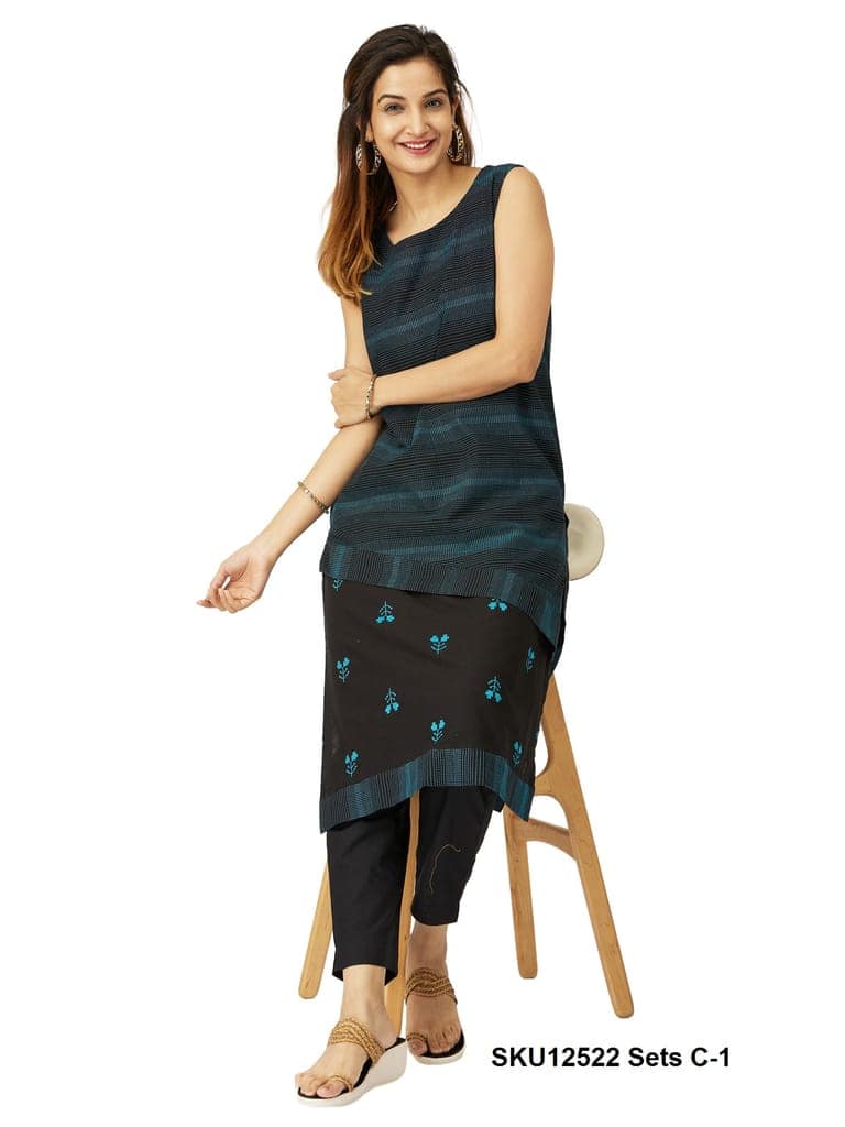 Women's Sleeveless Black & Teal Layered Cotton Kurti with Embroidered Design and Palazzo Set view 4