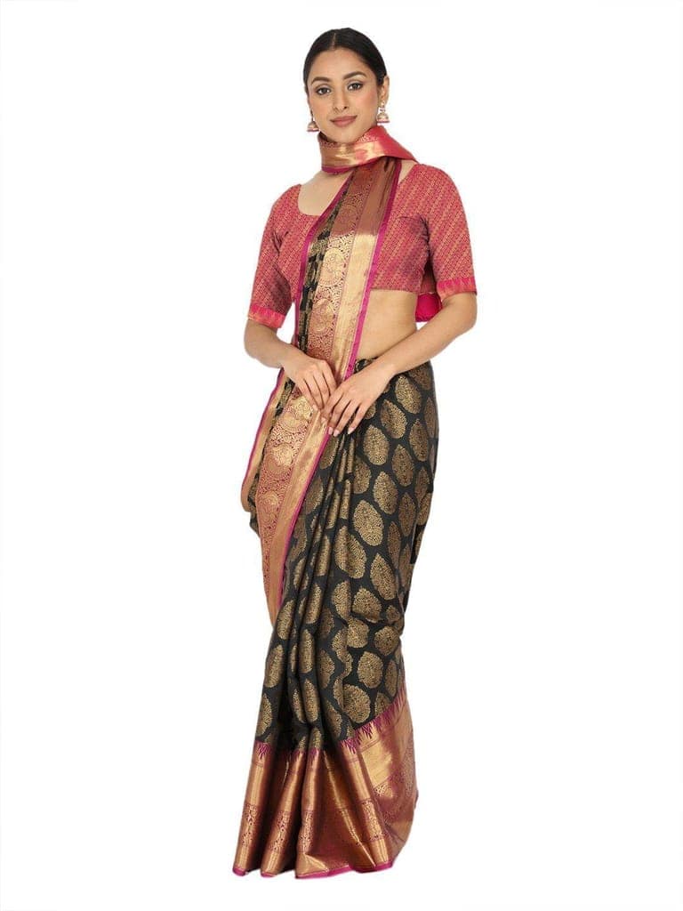 Black-Gold Toned Woven Design Banarasi Saree view 4