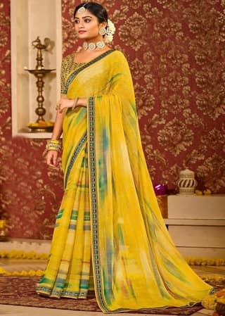 Yellow Color Stone Work Chiffon Saree With Fancy Border And Dupion Silk Blouse Piece