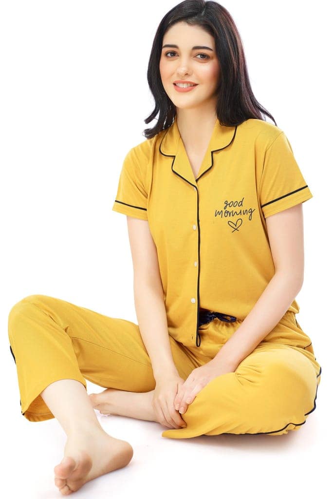 ZEYO Women's Cotton Blue Solid Stylish Night suit set