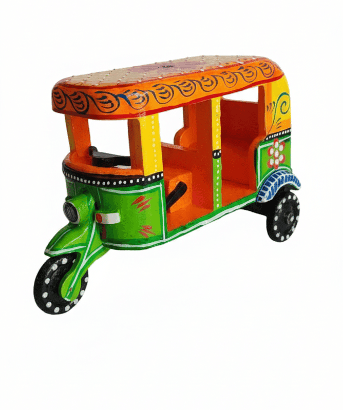 Handcrafted Wooden Auto Rickshaw - Colorful Indian Art view 2