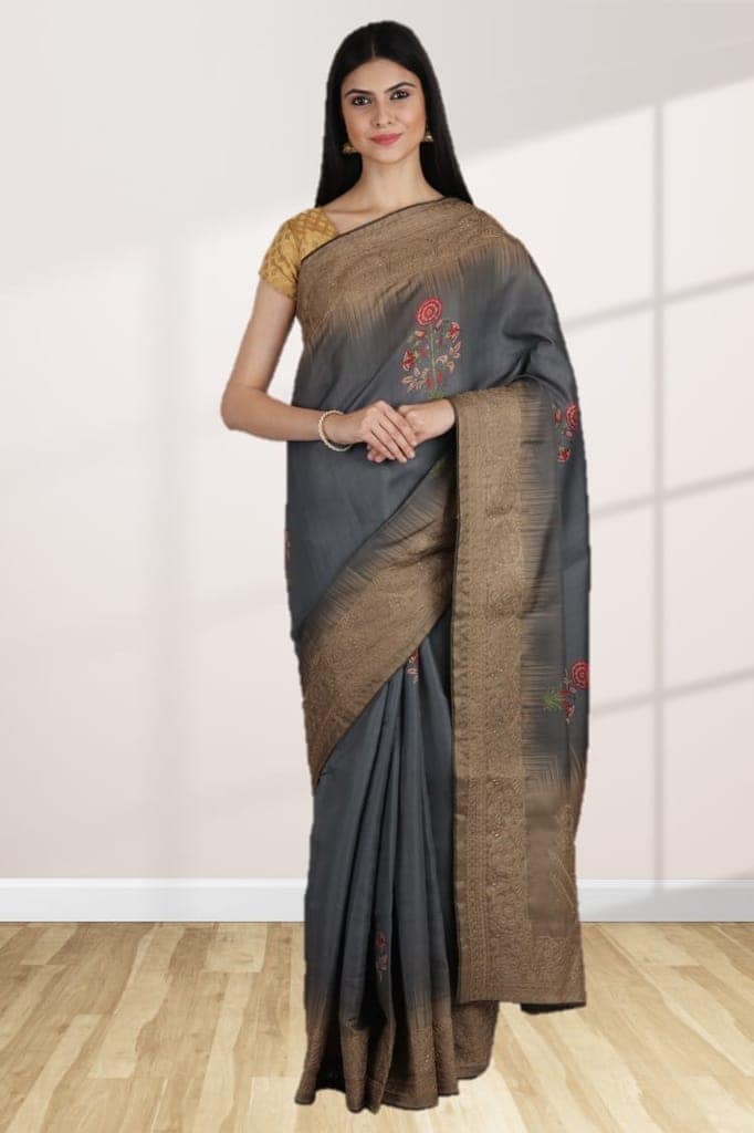 Grey Linen Saree With Embroidery
