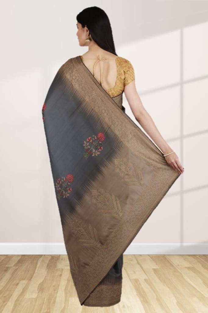 Grey Linen Saree With Embroidery view 2