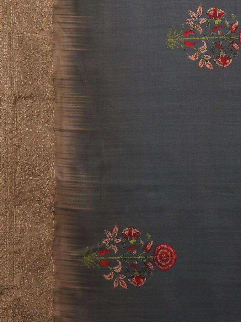 Grey Linen Saree With Embroidery view 3