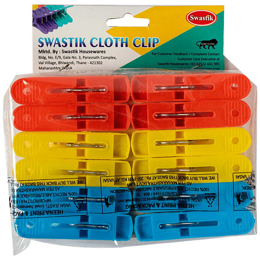 Swastik Housewares Plastic Silver Cloth Clip - Multicoloured, Sturdy, Durable & Long Lasting, 12 pcs