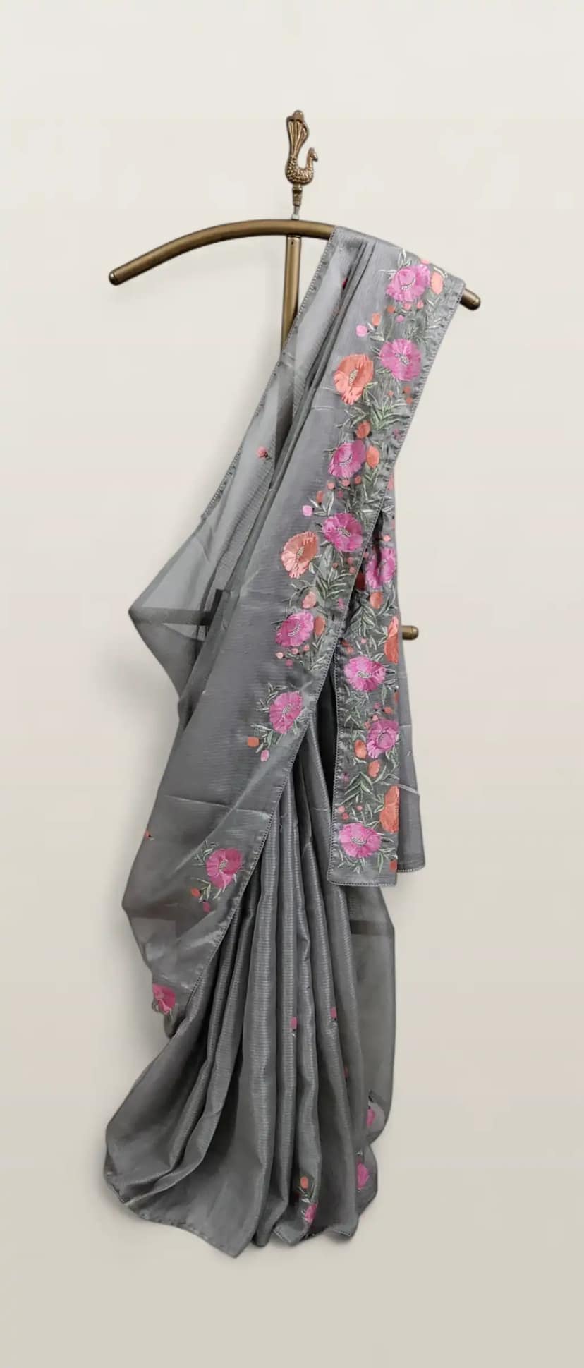 Steel Gray Kota Doria Cotton-Silk Saree with Block-Printed Floral Border view 2
