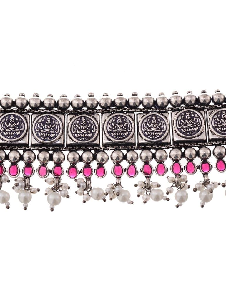 Oxidised Silver Plated Red stone studded Choker Necklace Jewellery Set view 3