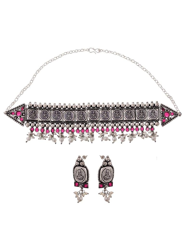 Oxidised Silver Plated Red stone studded Choker Necklace Jewellery Set view 4