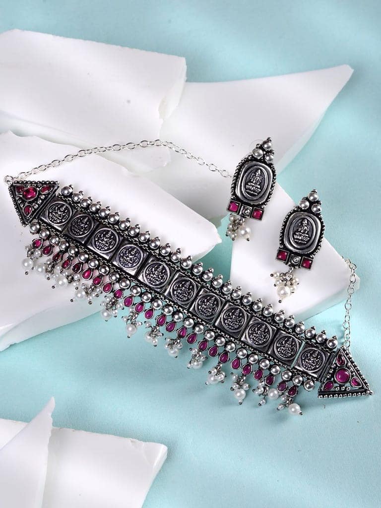 Oxidised Silver Plated Red stone studded Choker Necklace Jewellery Set view 7
