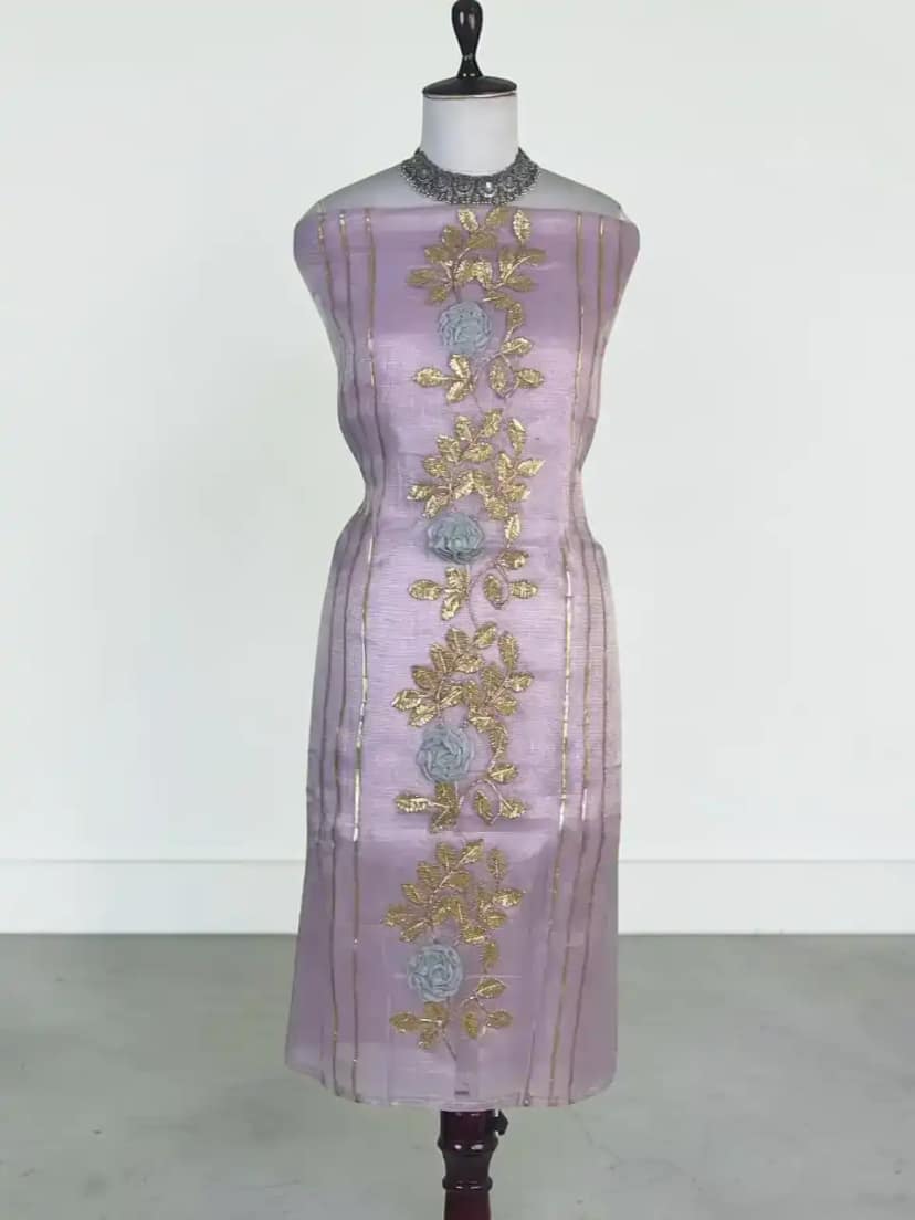 Hand-Embroidered Kota Doria Cotton Silk Dress Material in Lilac view 2