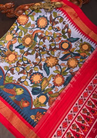 Heather Blue Kalamkari Shikargah theme Digital print Pure Silk saree with zari Border and ikkat pallu | SILK MARK CERTIFIED