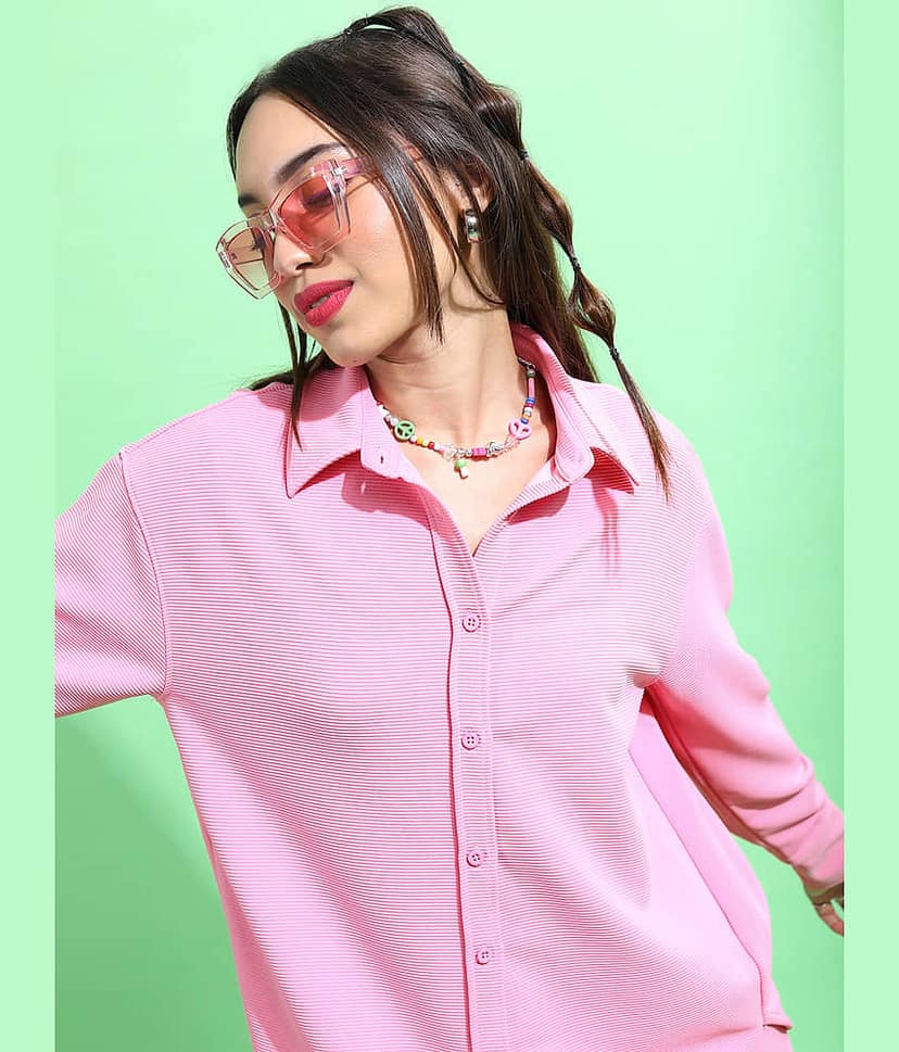 Tokyo Talkies Women Solid Shirt With Trousers Co-Ord Set ( Pink ) view 2